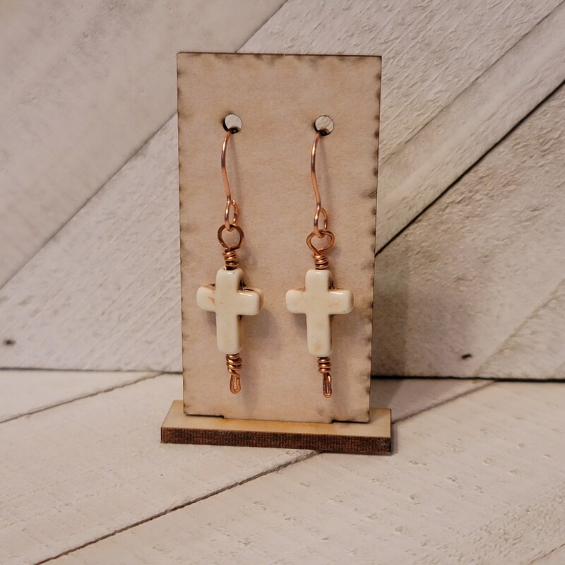 Handmade Dangle Cross Earrings, Reconstituted Howlite, Copper wire